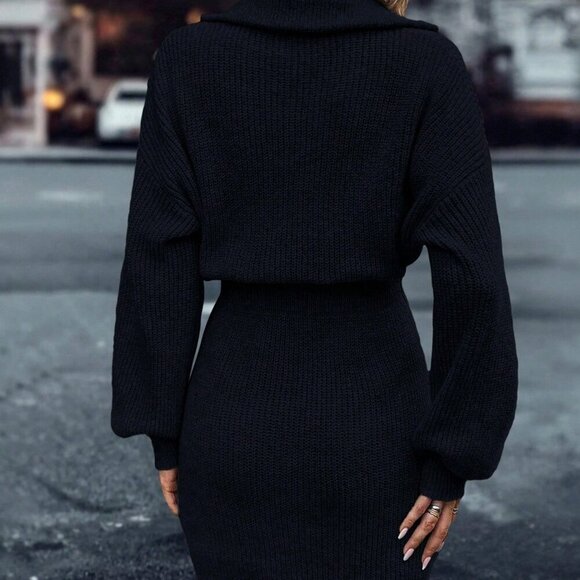 black Casual Women's Minimalist Zip-Up Long Sleeve knit Sweater Dress - Picture 3 of 6